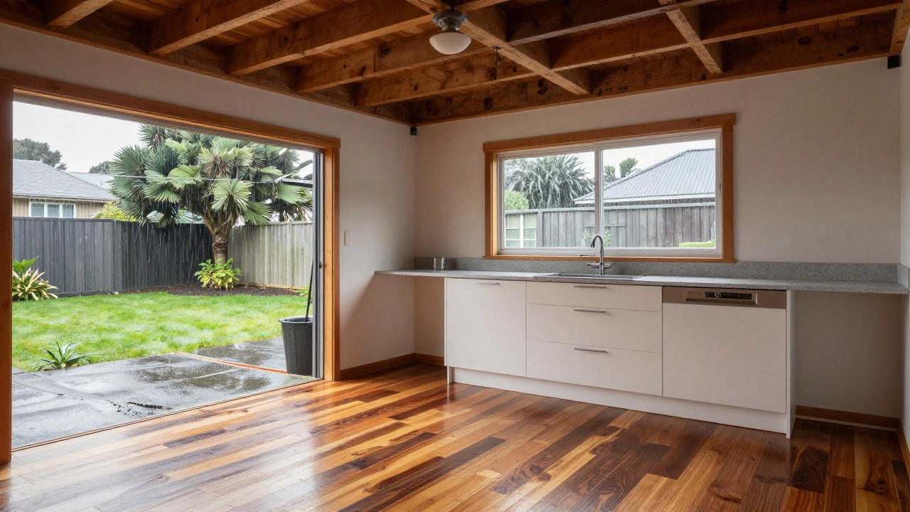 A converted garage interior with reclaimed wood flooring and double-glazed windows, facing a rainy backyard.