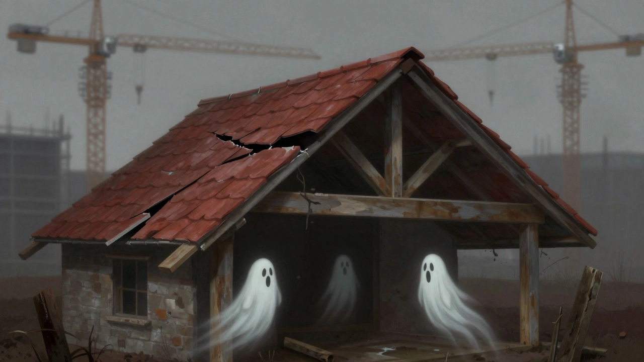A house with a sagging roof and fractured trusses, ghostly images of poor construction elements beneath.