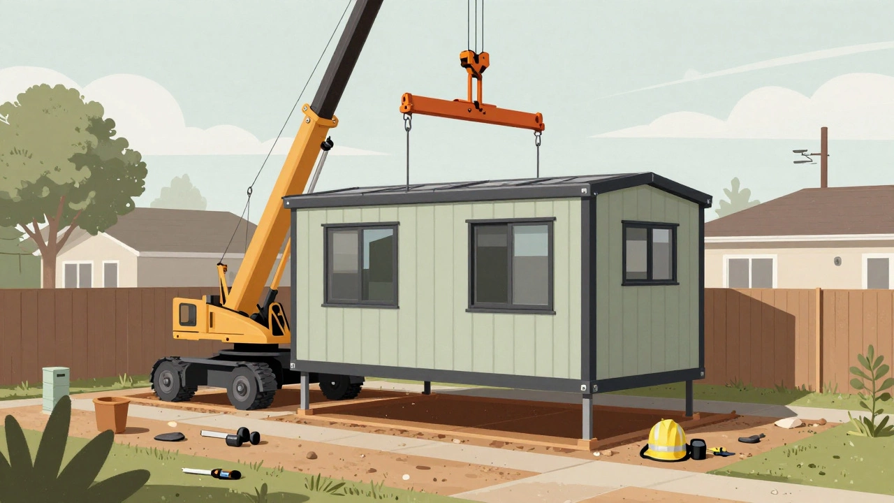 A prefab home extension being lifted into place by a crane on a residential property.
