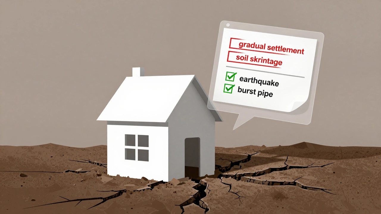 A split-house illustration showing intact structure versus crumbling foundation, with insurance policy exclusions and coverages floating above.
