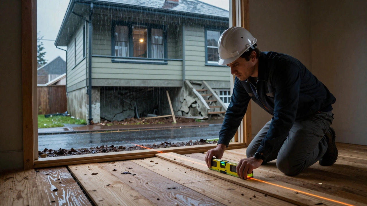 A structural engineer measuring uneven floors in a Wellington house, with a cracked foundation visible through a basement window.