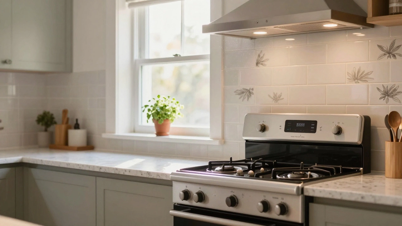 Affordable modern kitchen with second-hand appliances, LED lighting, and updated countertops.