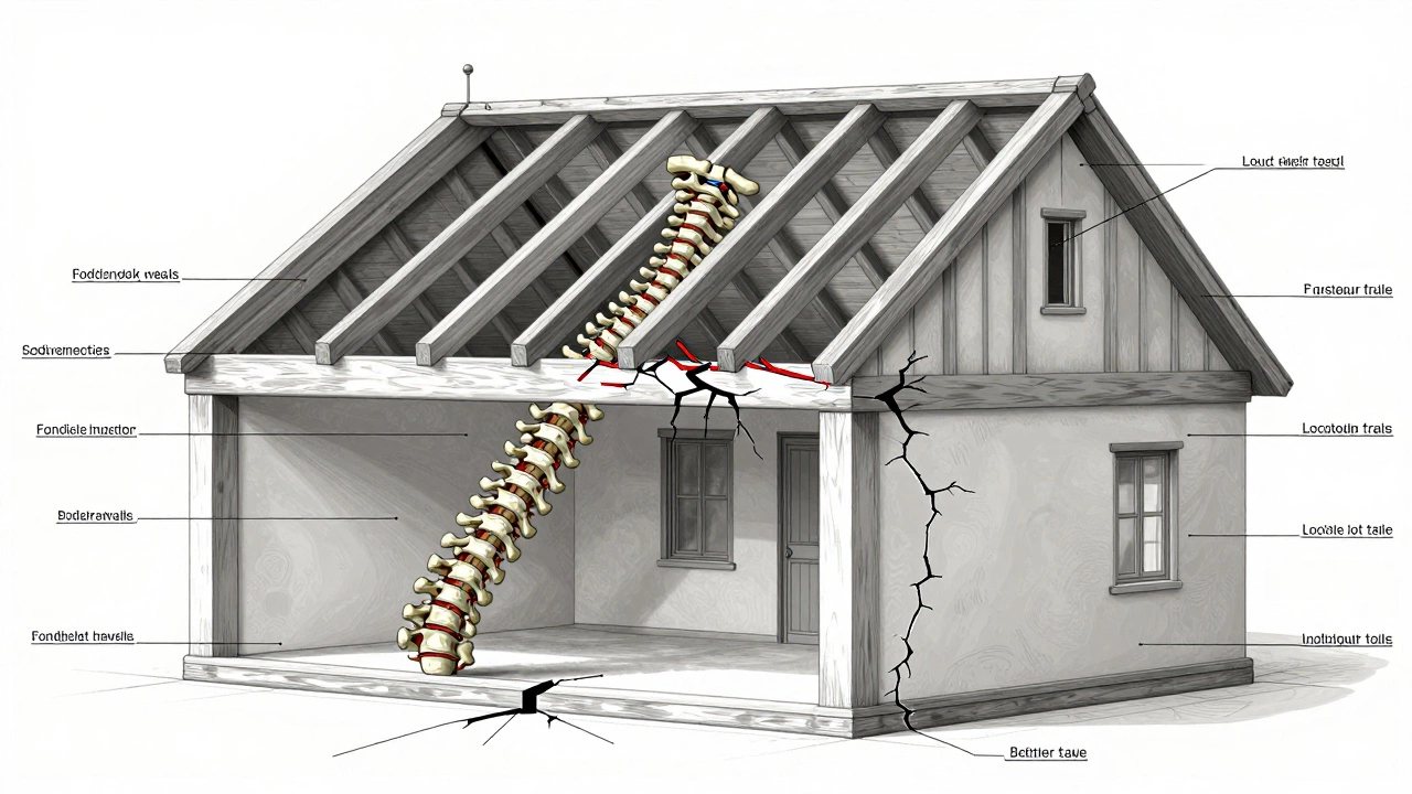 Architectural skeleton diagram showing a sagging beam as a spine, with cracked load-bearing elements.