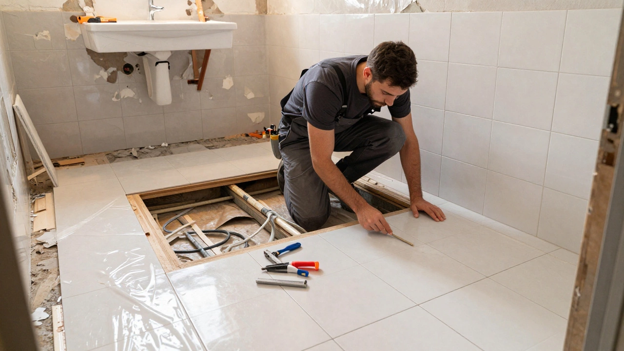 Bathroom renovation in progress showing PEX plumbing and large porcelain tiles being installed.