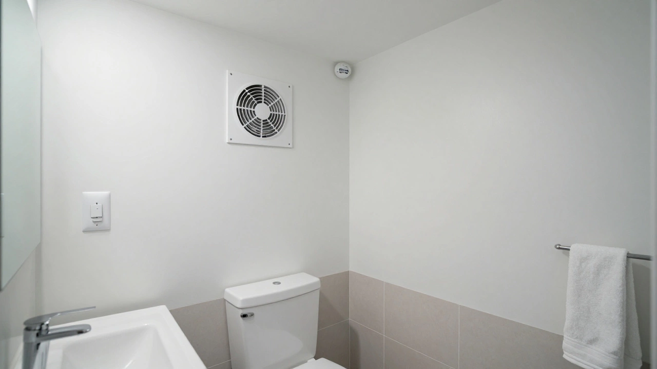 Clean bathroom with dual-flush toilet and exhaust fan, no mold or condensation, cool white lighting.