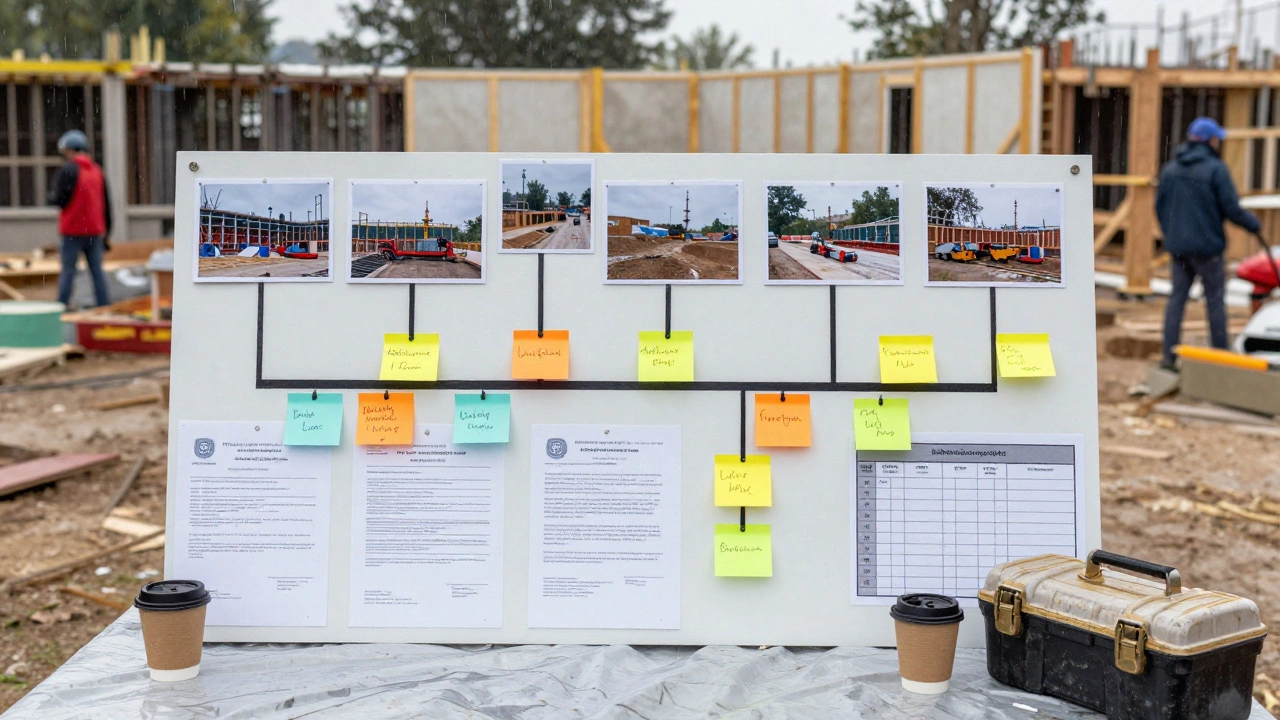 Construction timeline board with photos, permits, and sticky notes under a tarp.