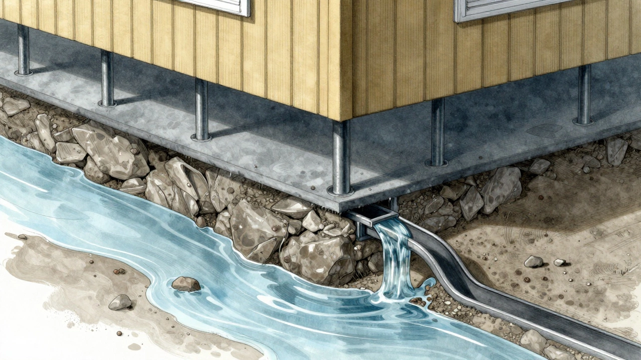 Cross-section of a house foundation with steel piers stabilizing it, water draining away via French drain.