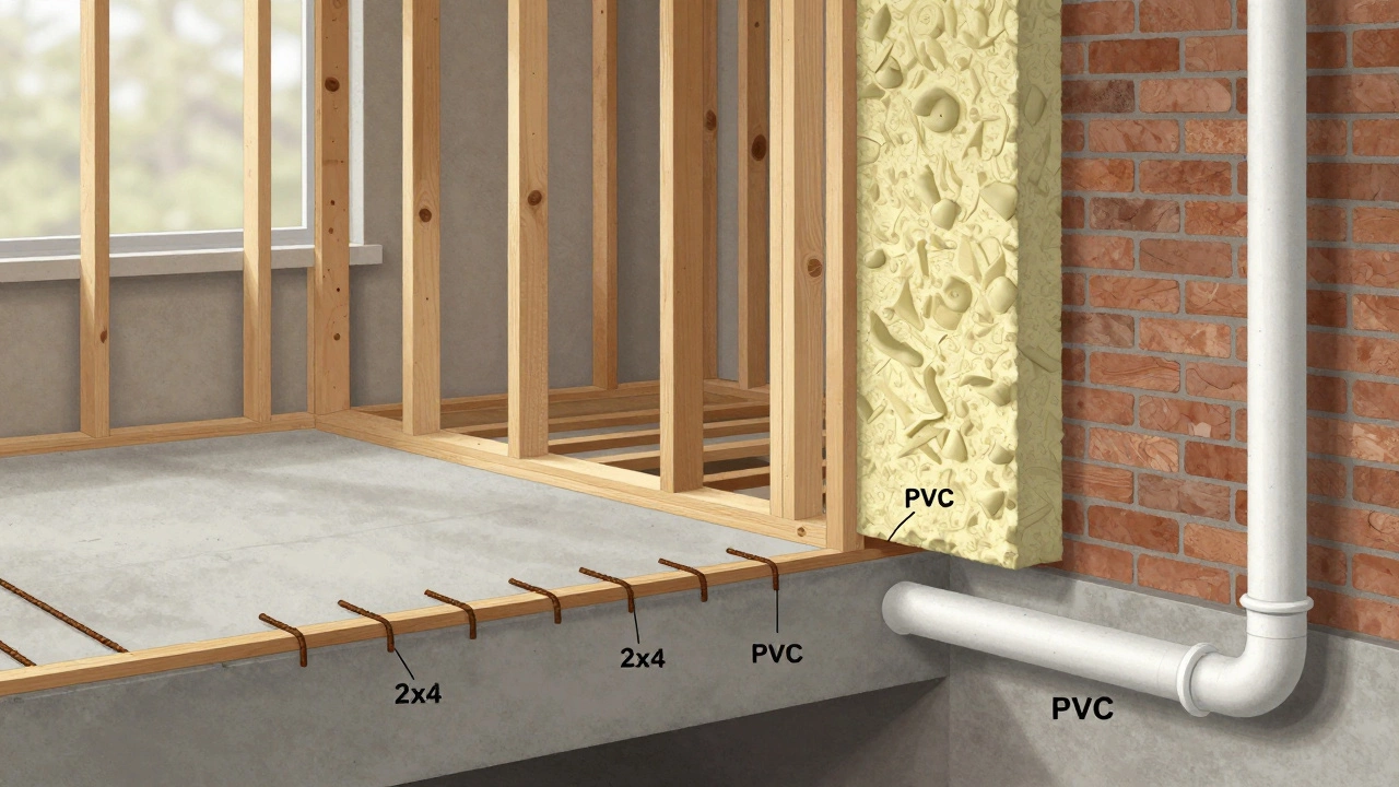 Cross-section of a house showing timber framing, concrete slab with rebar, brick veneer, and insulation layers.