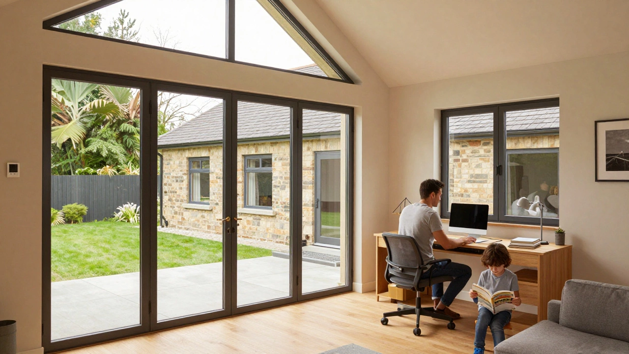Family in a quiet, light-filled home office extension with views of a green backyard.