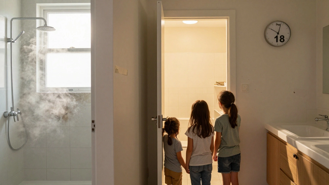 Family using portable toilet while a newly renovated bathroom glows warmly behind a closed door.