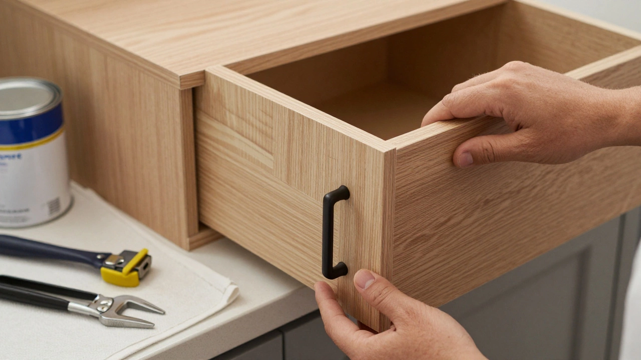 Hands installing new cabinet doors over existing boxes during a kitchen refacing project.