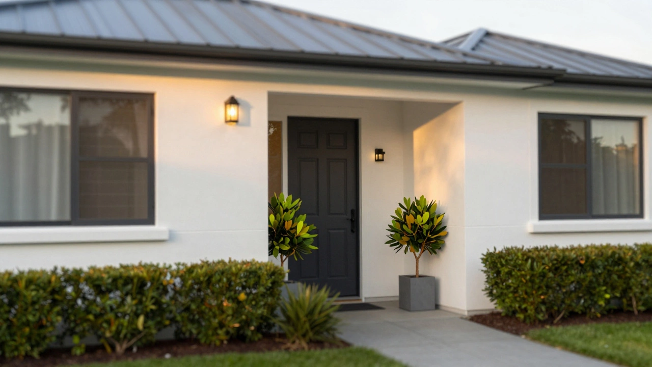 Home exterior with dark front door, native plants, and clean walls under soft morning light.