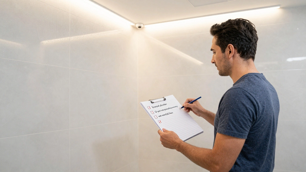 Homeowner checking a renovation checklist beside a clean, functional bathroom with professional finishes.
