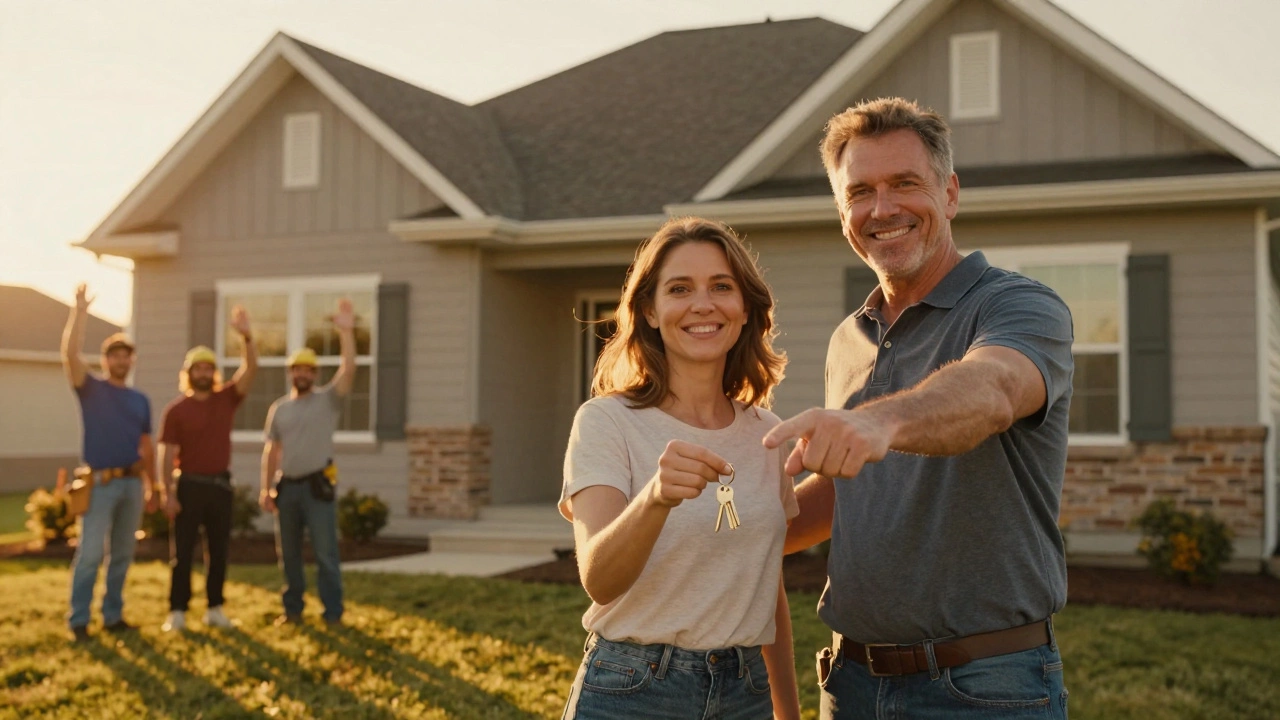 Homeowner receiving keys from contractor beside a completed house at sunset.