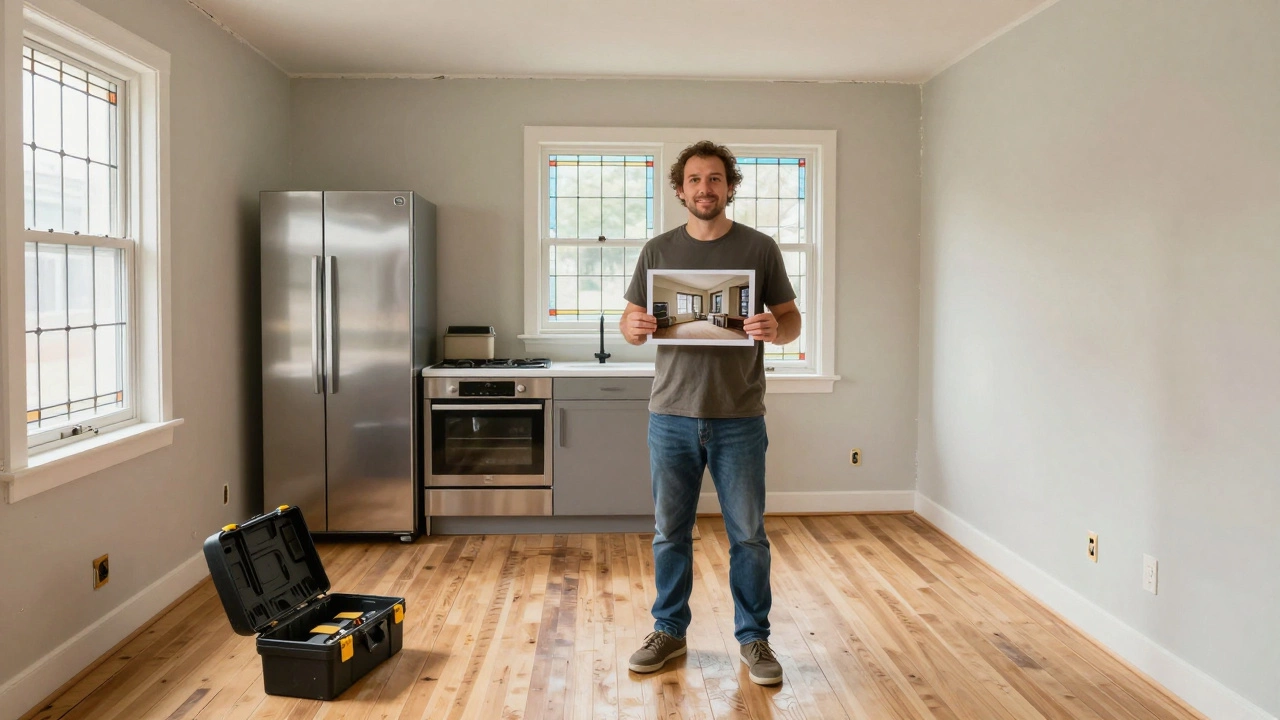 Homeowner standing in completed 1920s bungalow with restored floors and modern kitchen.