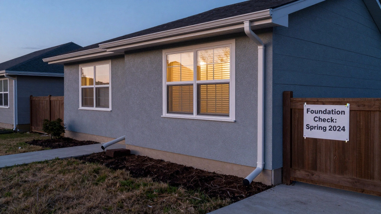 House with properly graded soil and extended downspouts, no water pooling, peaceful evening light.