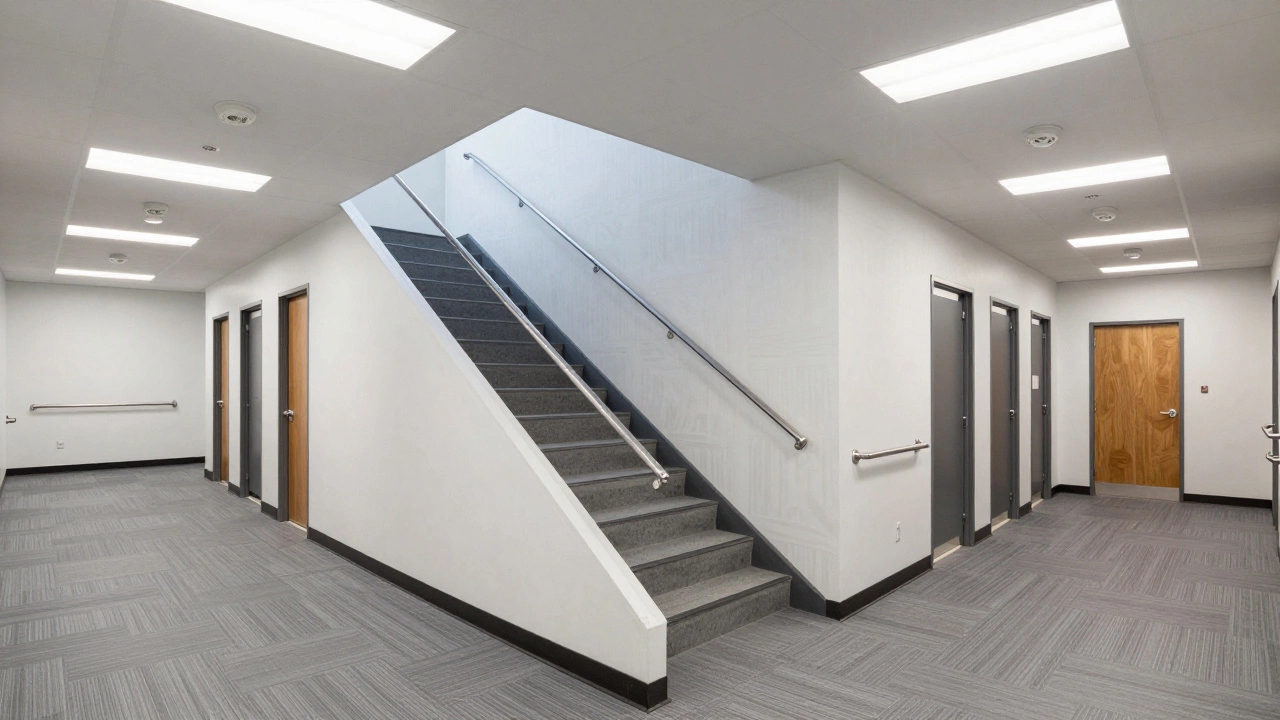 Interior of commercial office under construction with wide stairs, fire alarms, ADA restroom, and heavy-duty flooring.