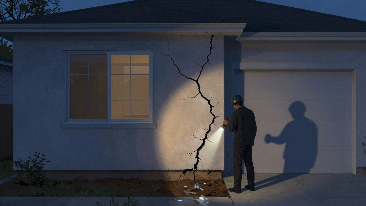 Large cracks in a new home&#039;s stucco wall extending to the foundation, with water pooling at the base at dusk.
