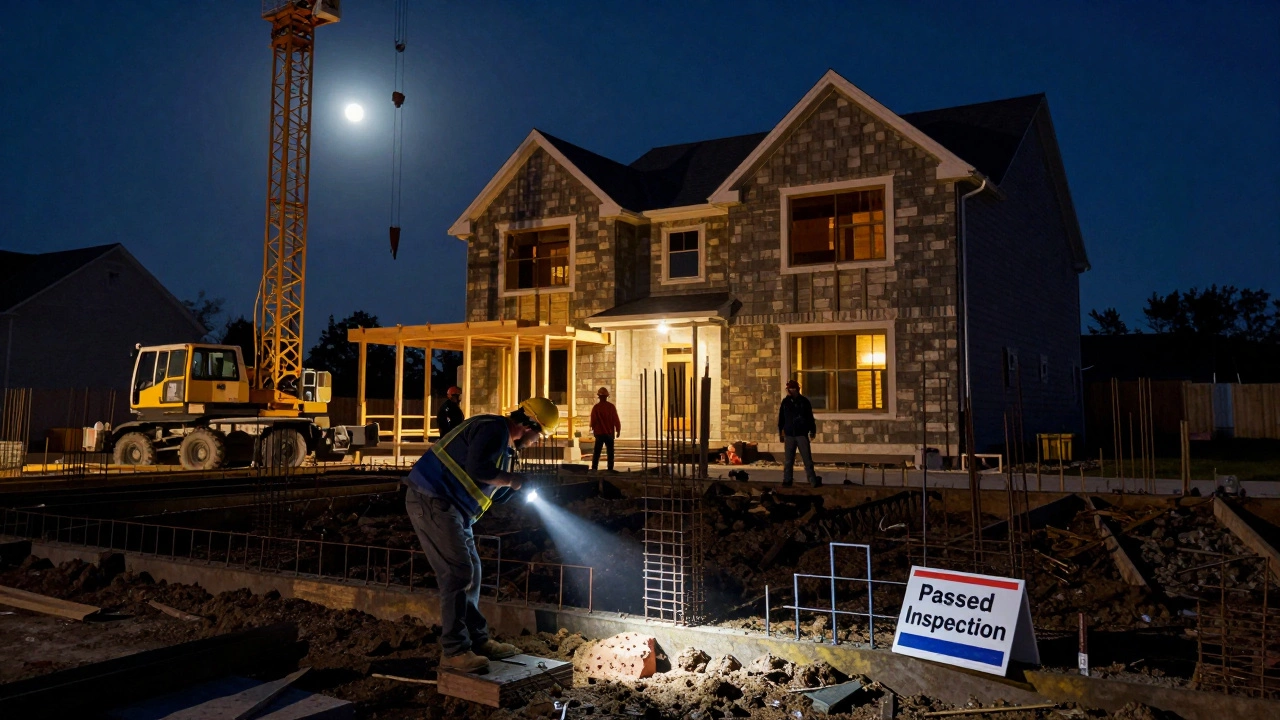 Nighttime construction site with workers omitting rebar in foundation, engineer inspecting shallow footing.