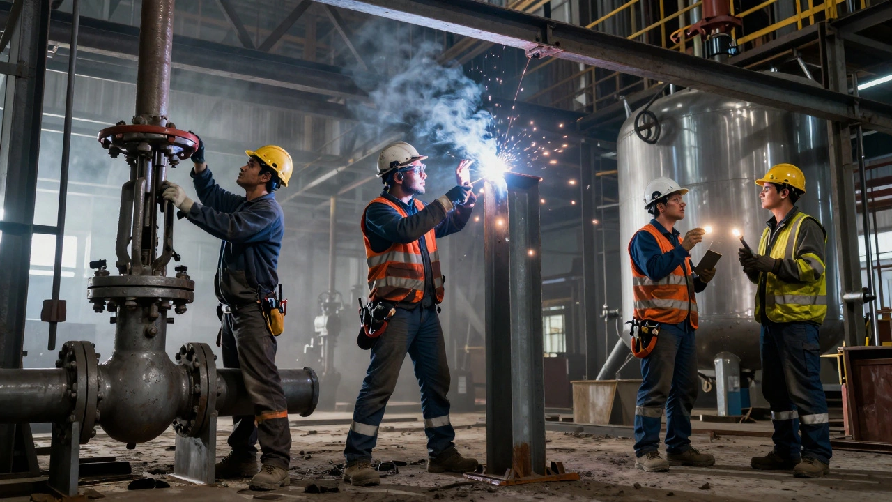 Pipefitter, ironworker, and boilermaker working on industrial construction project.