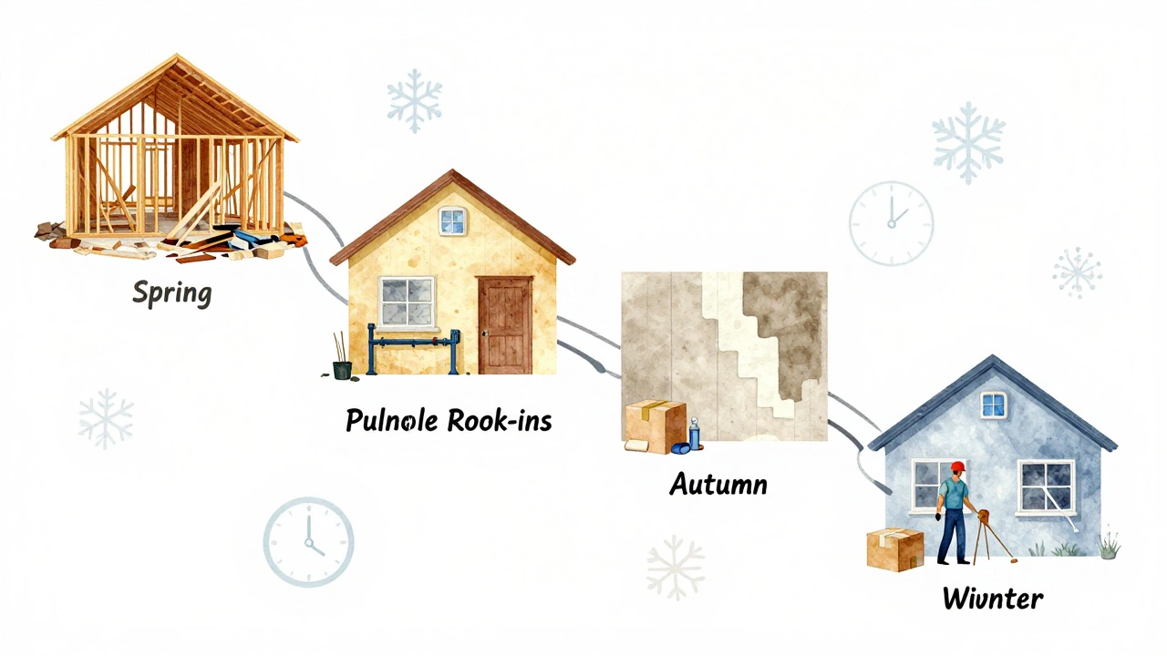 Seasonal timeline of home renovation illustrated as a winding path with delay symbols.