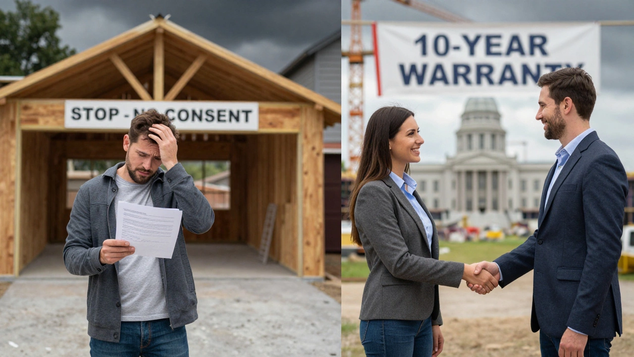 Split image: homeowner stressed over unpermitted build vs. confident with warranty-backed builder.