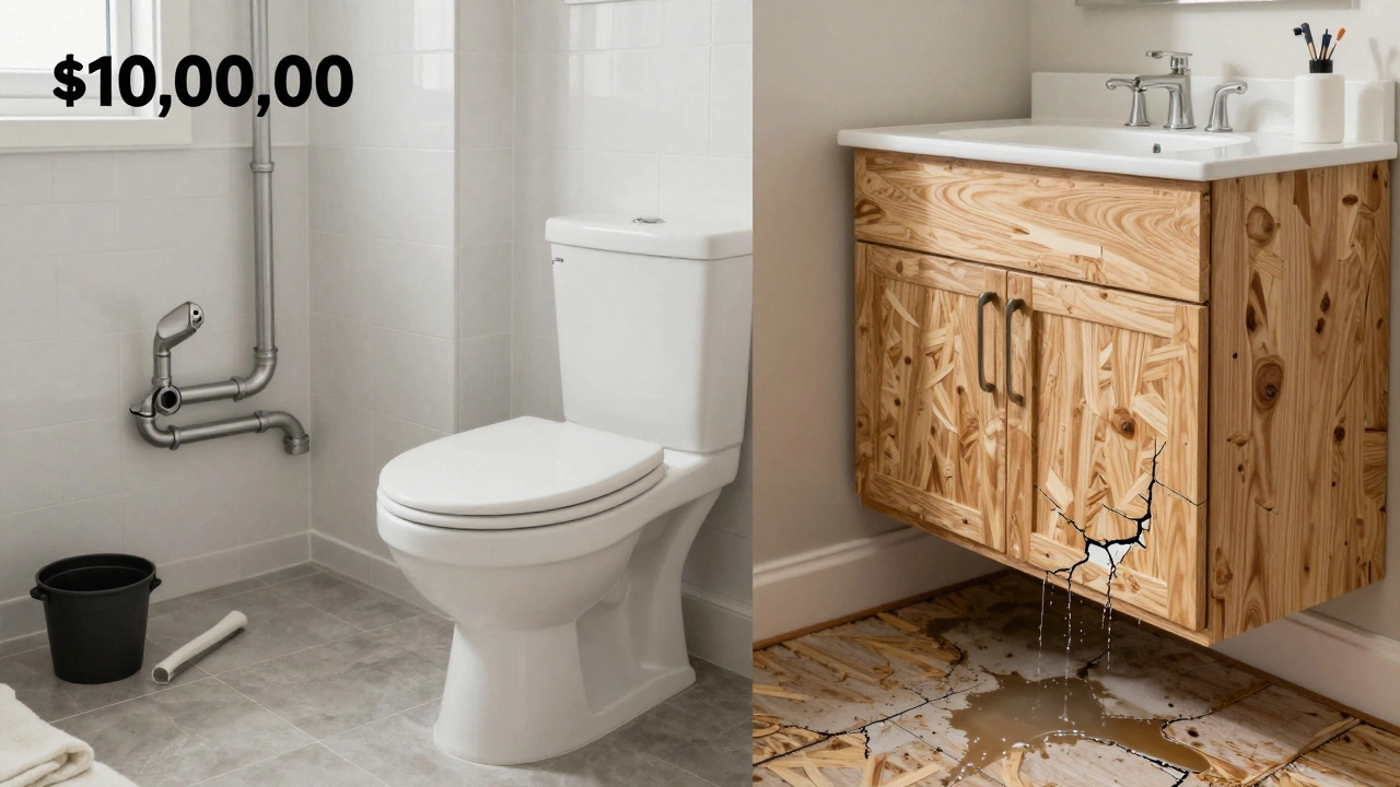 Split image showing a quality bathroom renovation versus a failing budget job with water damage.