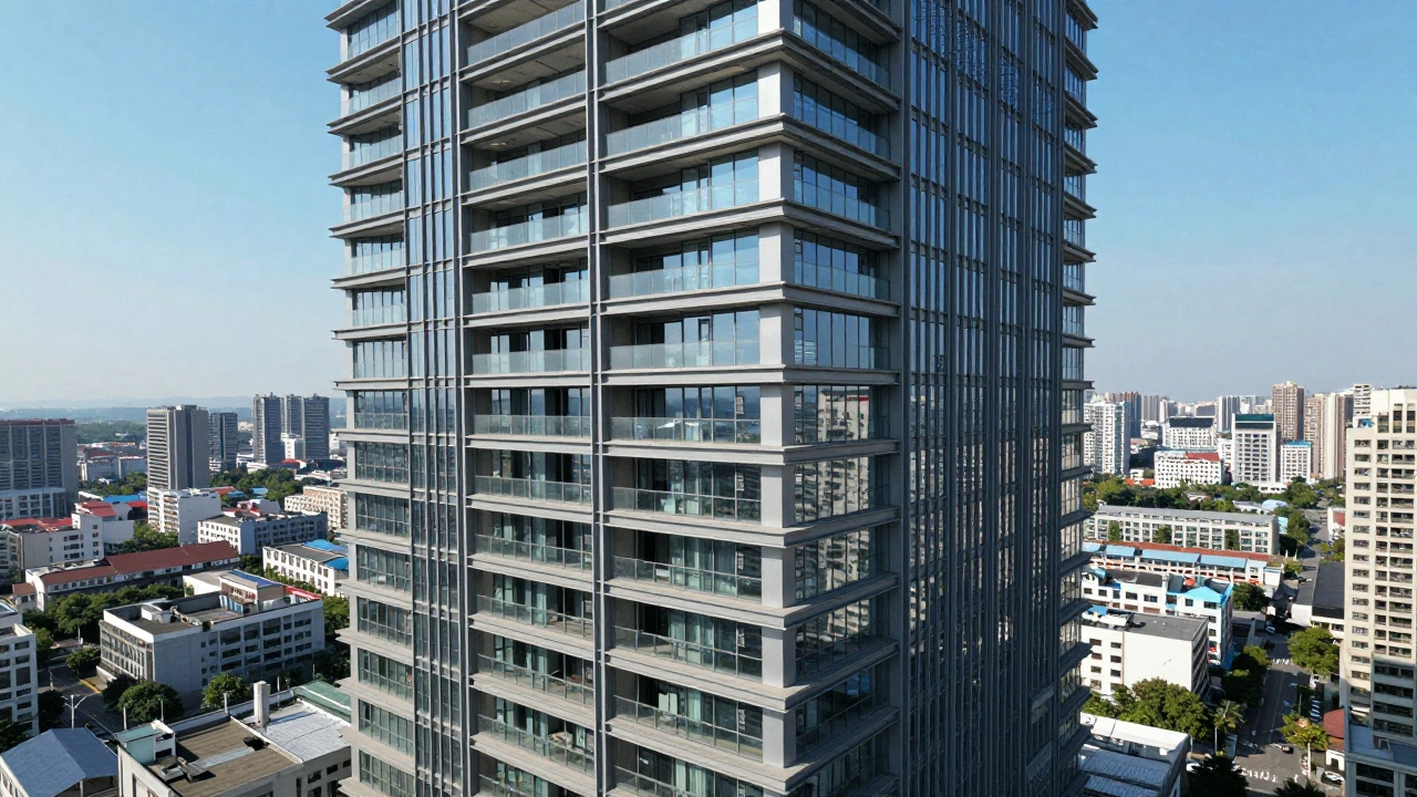 Steel-framed skyscraper with glass walls, showing seismic flexibility against a clear sky.