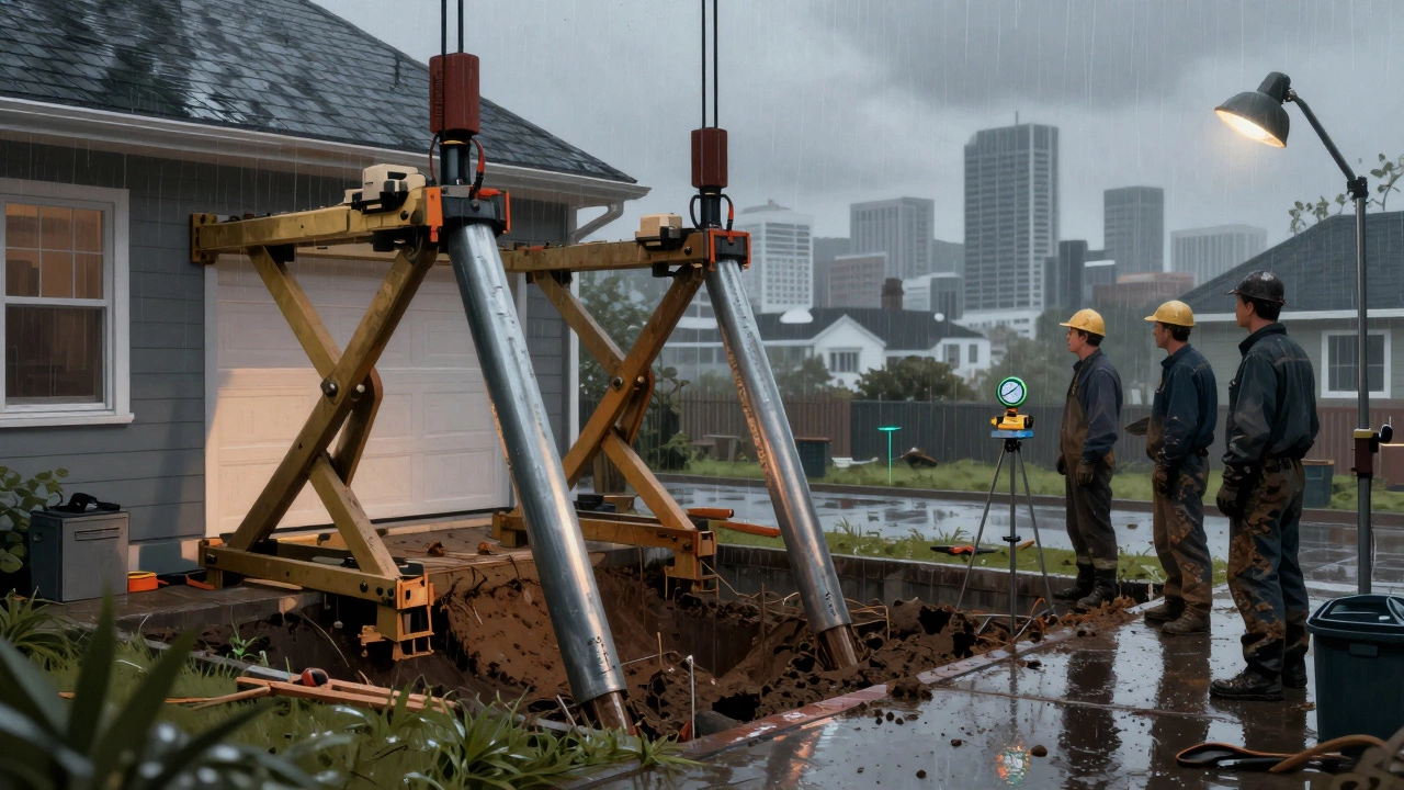 Steel piers being installed to lift a sinking foundation in rainy Wellington conditions.