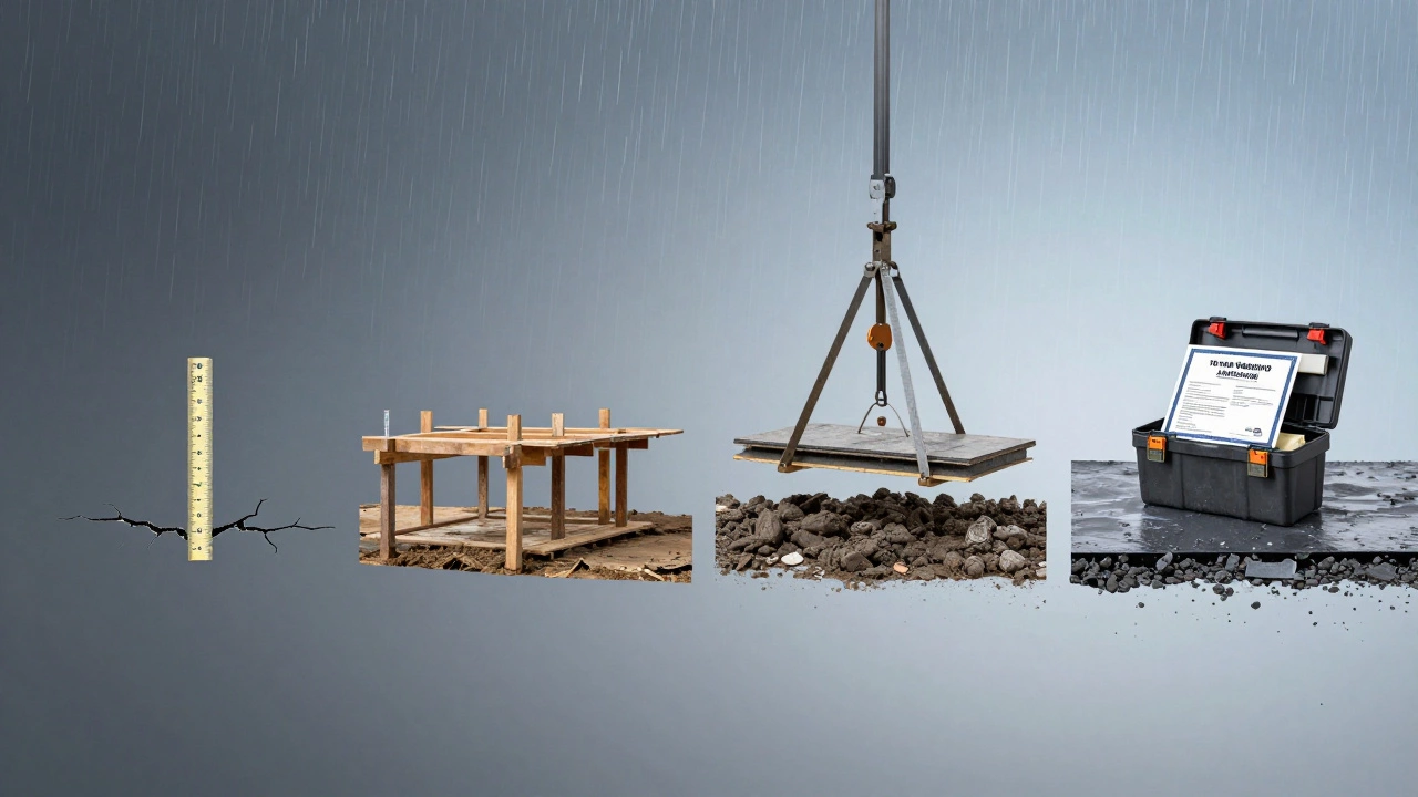 Timeline of foundation repair stages from minor crack to stabilized structure.