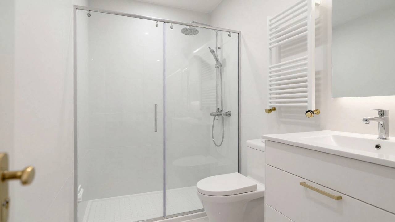 Updated bathroom with walk-in shower, drawer vanity, and heated towel rail in neutral tones.