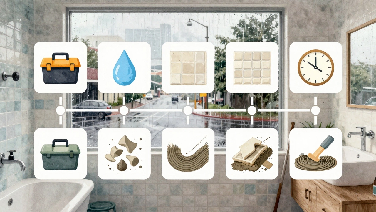 Watercolor-style timeline of bathroom renovation stages with symbols and rainy window background.
