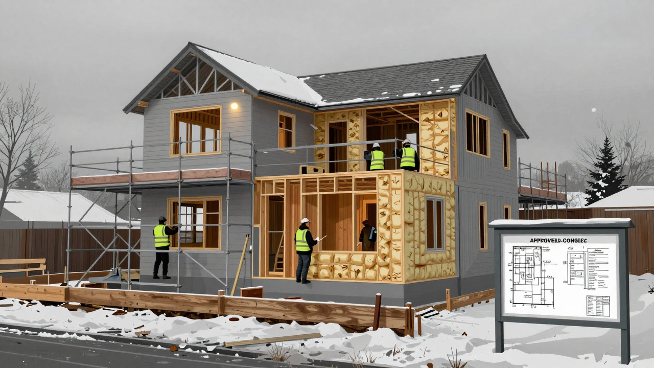 Winter construction site with scaffolding and workers building a two-storey home extension in Wellington.