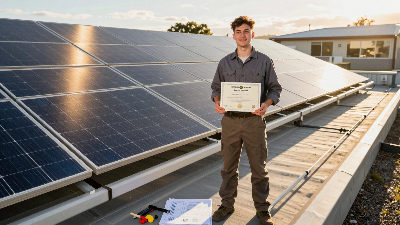 Young apprentice holding electrician license next to solar panels on hospital roof.
