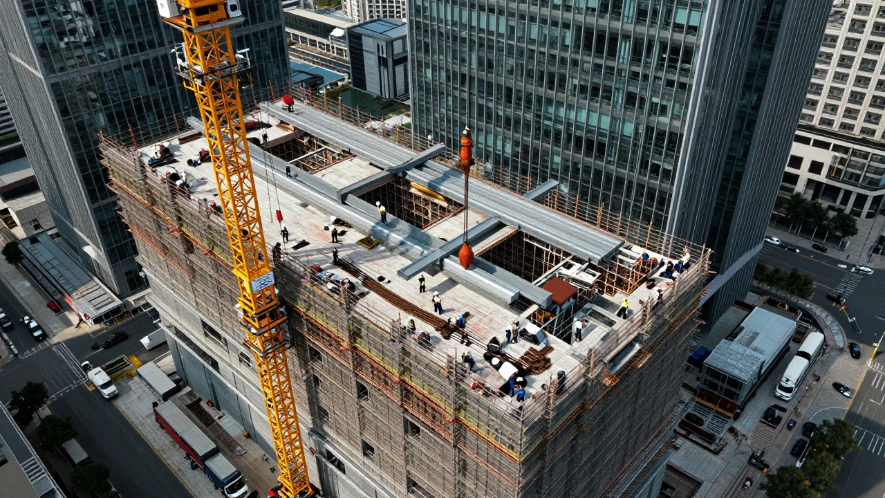 A towering commercial office building under construction with cranes and workers on site.