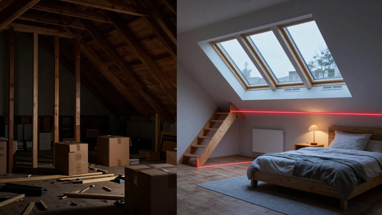 Before-and-after split of an attic transformed into a bedroom with structural upgrades visible.