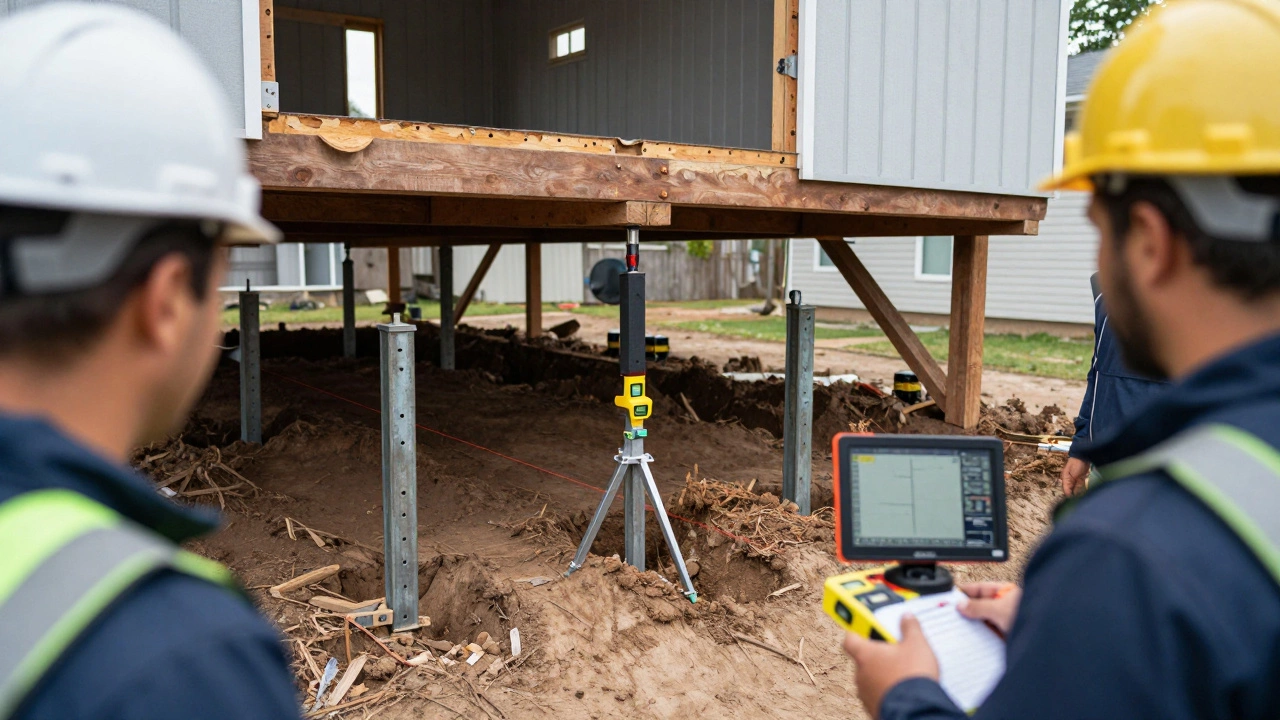 Contractor using laser levels and hydraulic jacks to slowly lift a house foundation with monitoring equipment.
