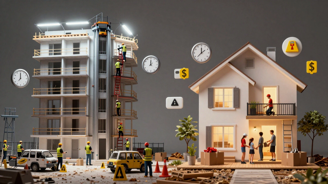 Contrasting construction scenes: busy commercial site versus quiet residential move-in, symbolizing function and life.