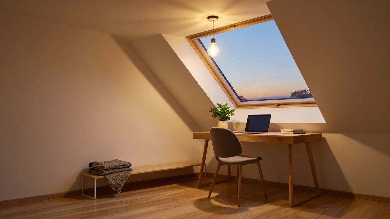 Cozy Velux loft home office at dusk with natural light streaming through a skylight and a warm, inviting atmosphere.