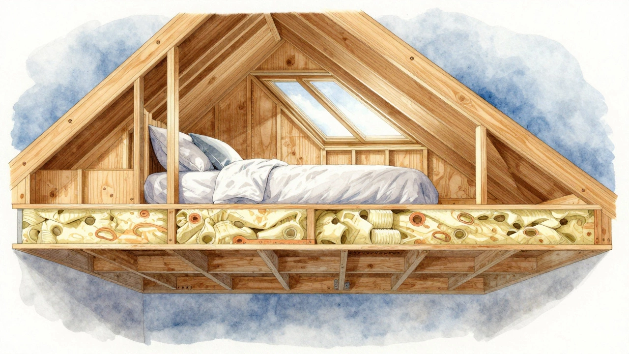 Cross-section of a loft conversion showing insulation, reinforced joists, and finished bedroom space.