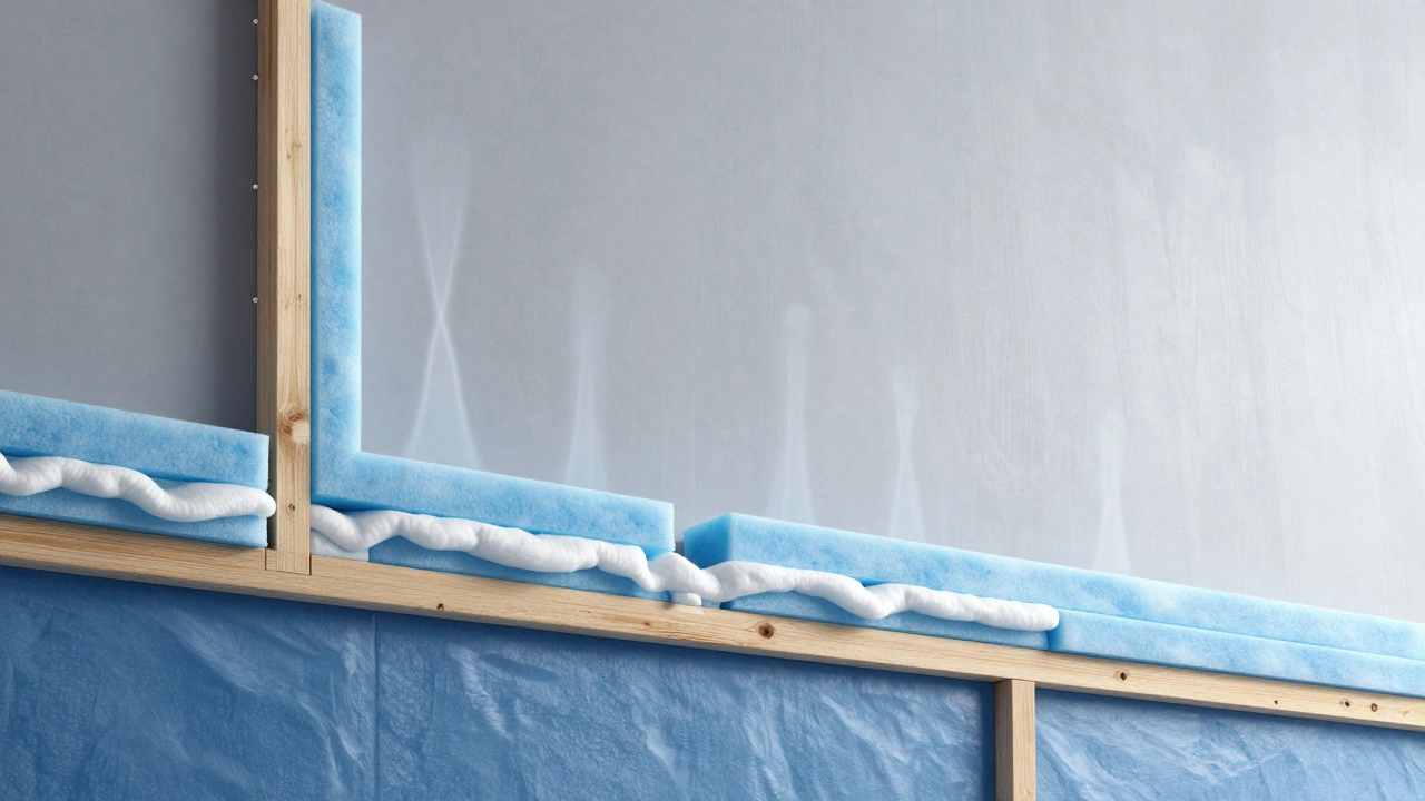 Cross-section of a wall showing insulation, housewrap, and smart vapor retarder layers designed to prevent mold.