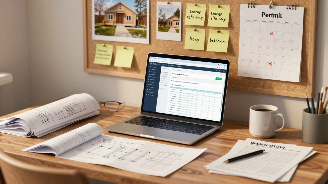 Desk with renovation plans, inspection reports, and goal notes under warm lamplight.