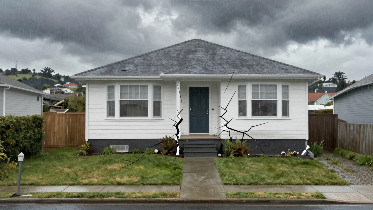 Ghostly overlay of new and old foundation cracks on a house in a hilly, rainy suburban landscape.