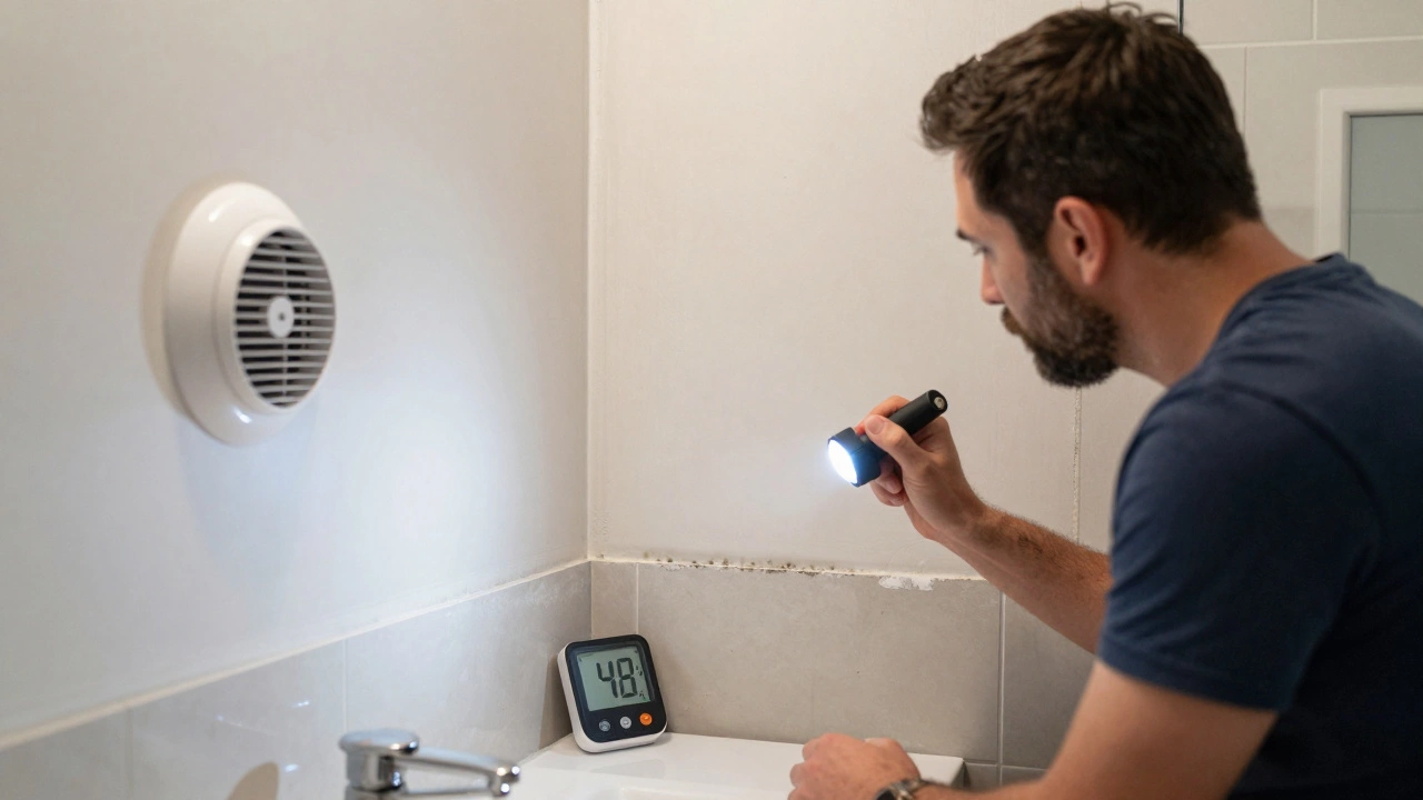 Homeowner inspecting a bathroom with a flashlight and hygrometer showing low humidity, confirming mold-free conditions.