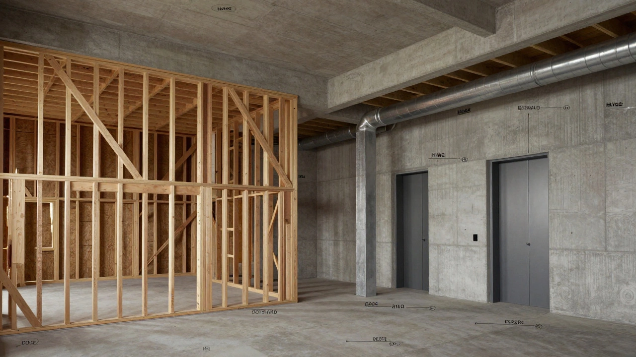 Interior comparison of wood-framed house and commercial building with concrete, steel, and mechanical systems.