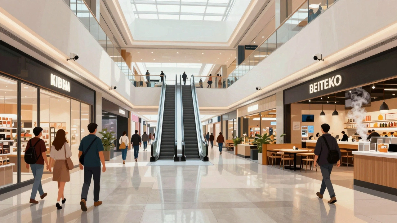 Interior of a busy retail mall with escalators and shoppers in a well-lit space.