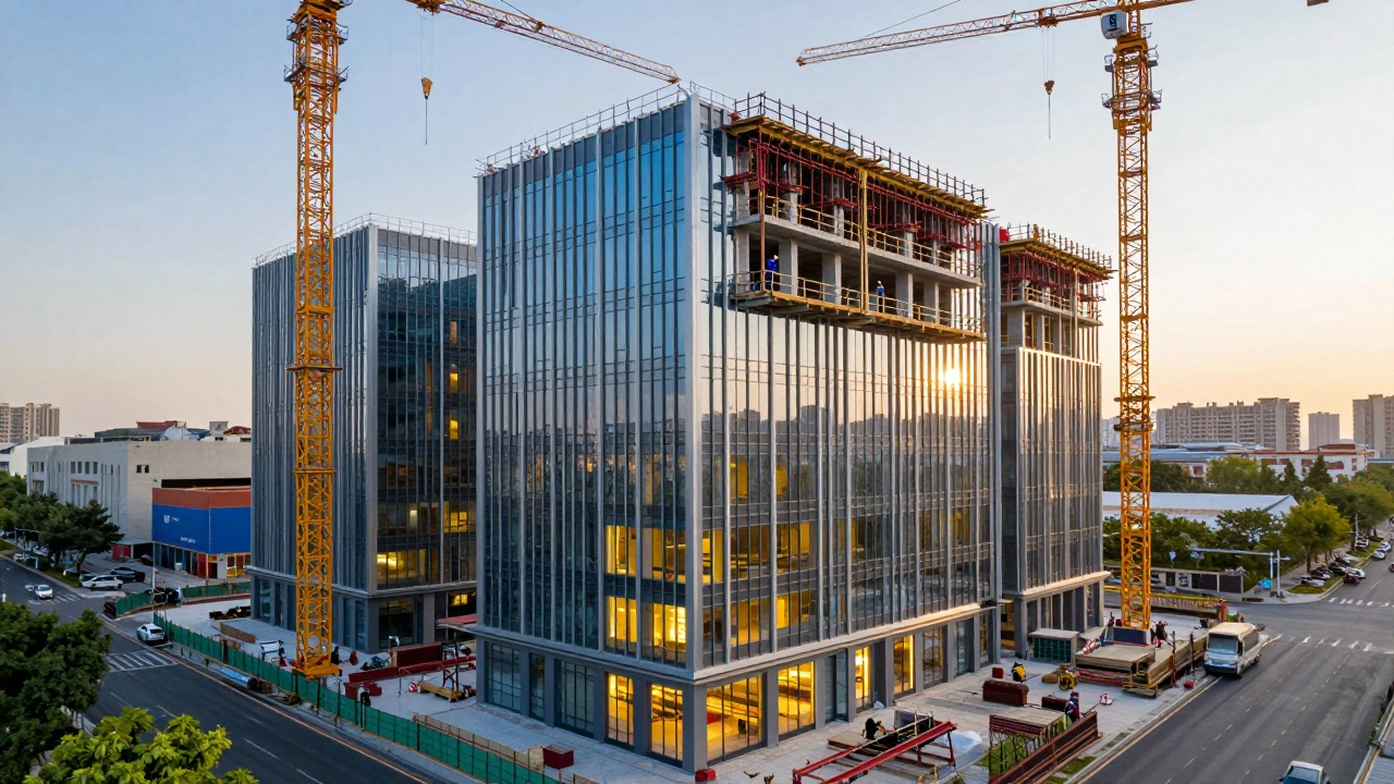 Modern office building under construction with glass façade and cranes in an urban setting.