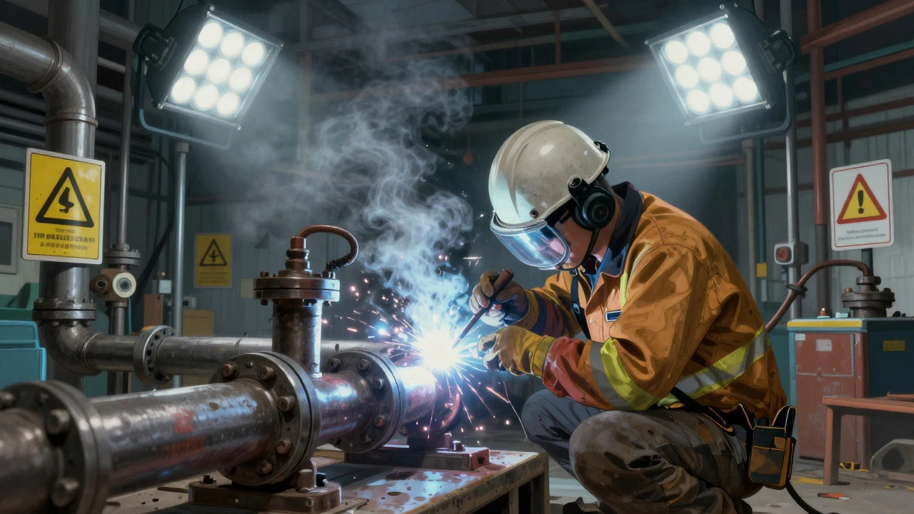 Pipefitter welding high-pressure steam lines in a hospital construction zone.