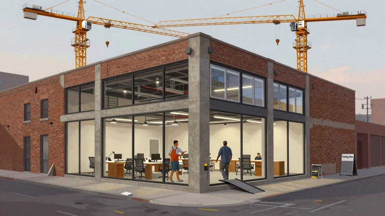 Renovated 1980s office building being converted into a modern co-working space.