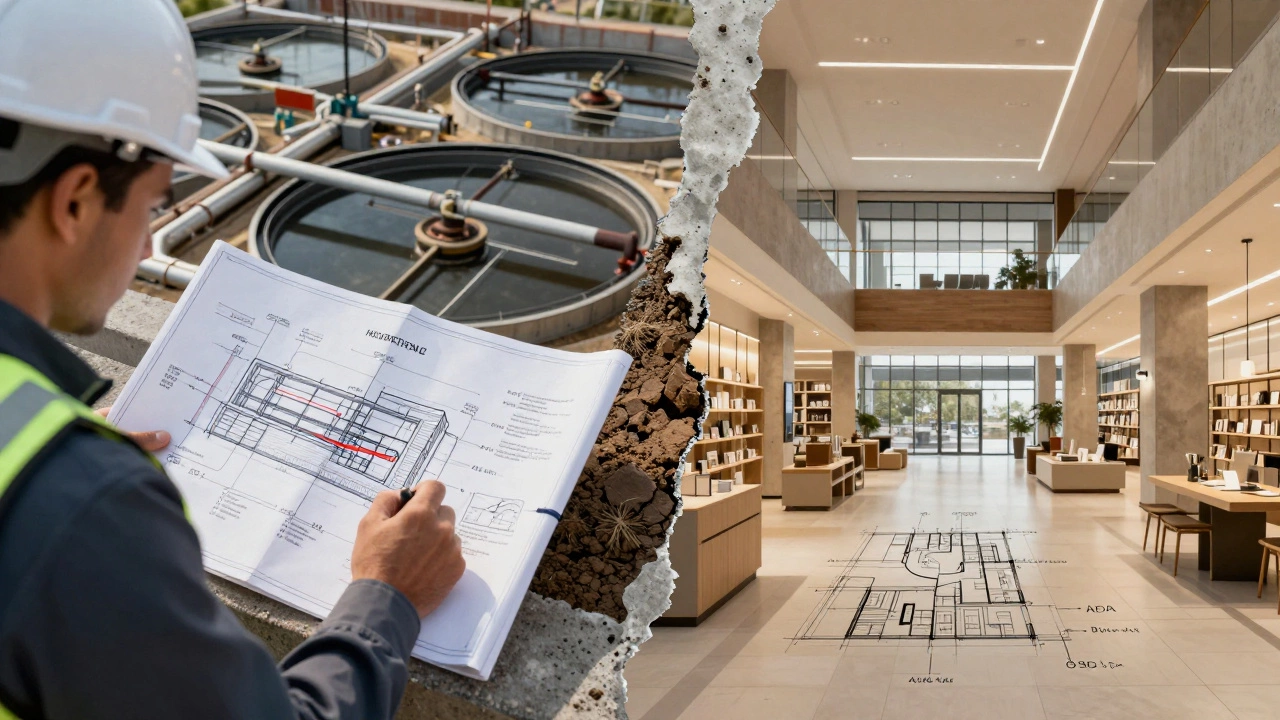 Split image: civil engineer with drainage blueprints and architect with lobby design sketches.